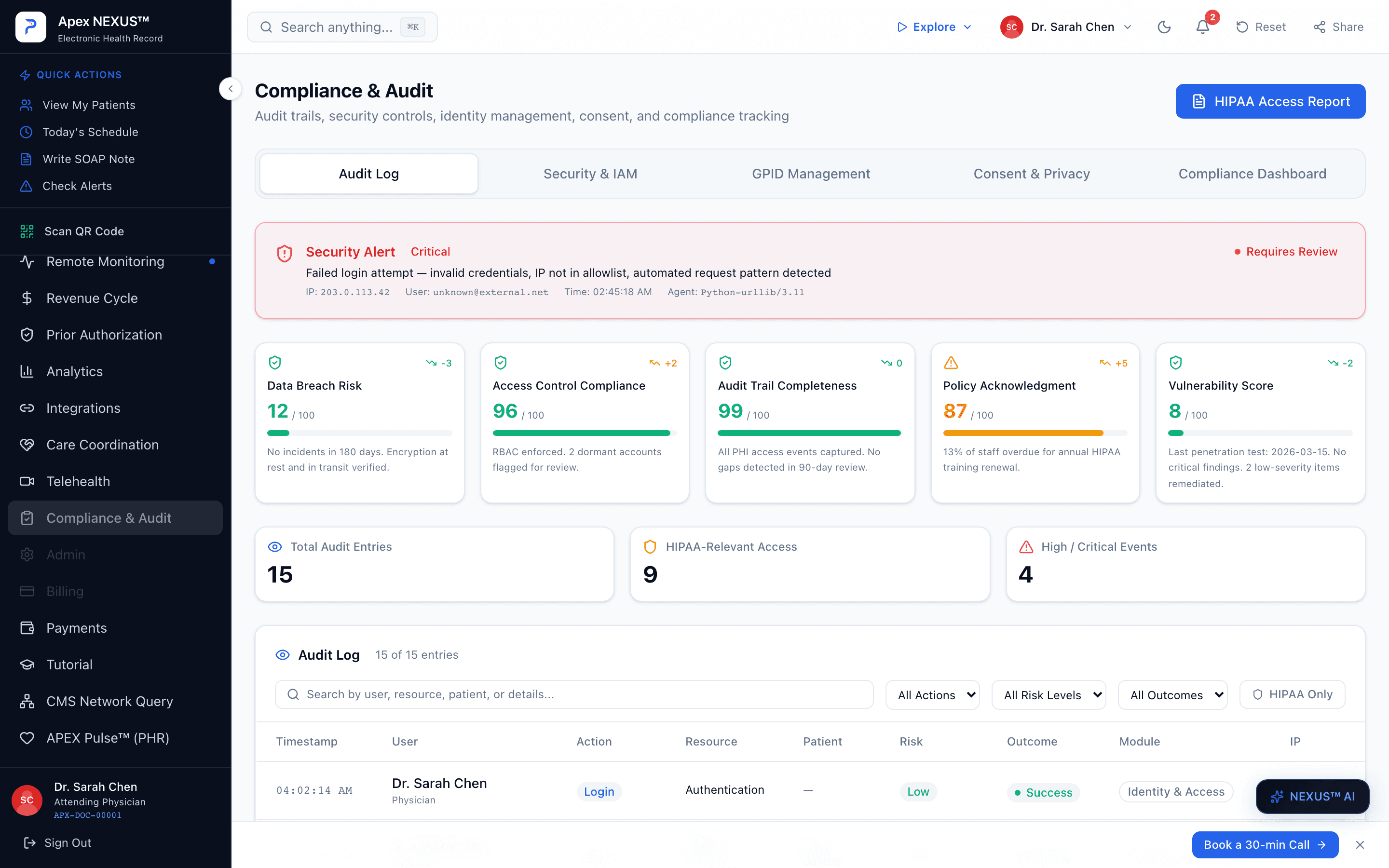 APEX Beacon compliance and audit log with HIPAA access events and risk scoring