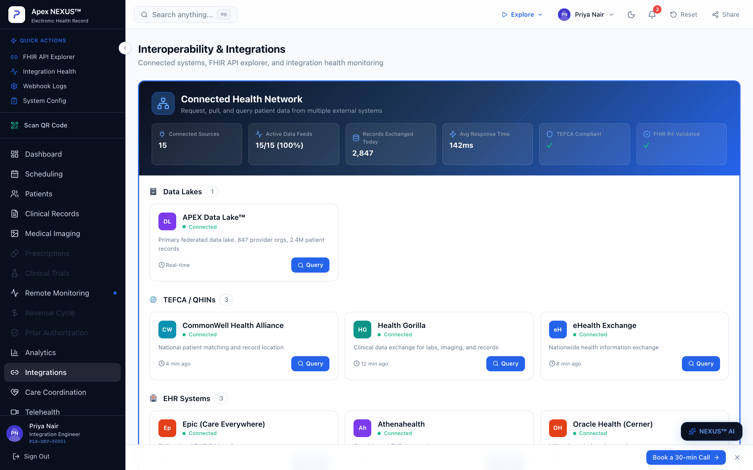 APEX NEXUS interoperability and integrations dashboard with TEFCA QHIN and EHR connections