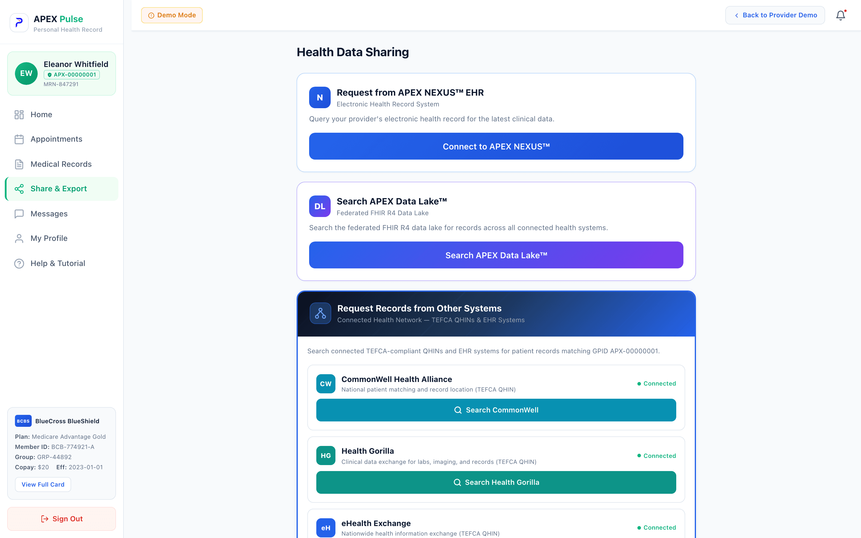 APEX Pulse health data sharing with APEX NEXUS, APEX Data Lake, and TEFCA QHIN connections