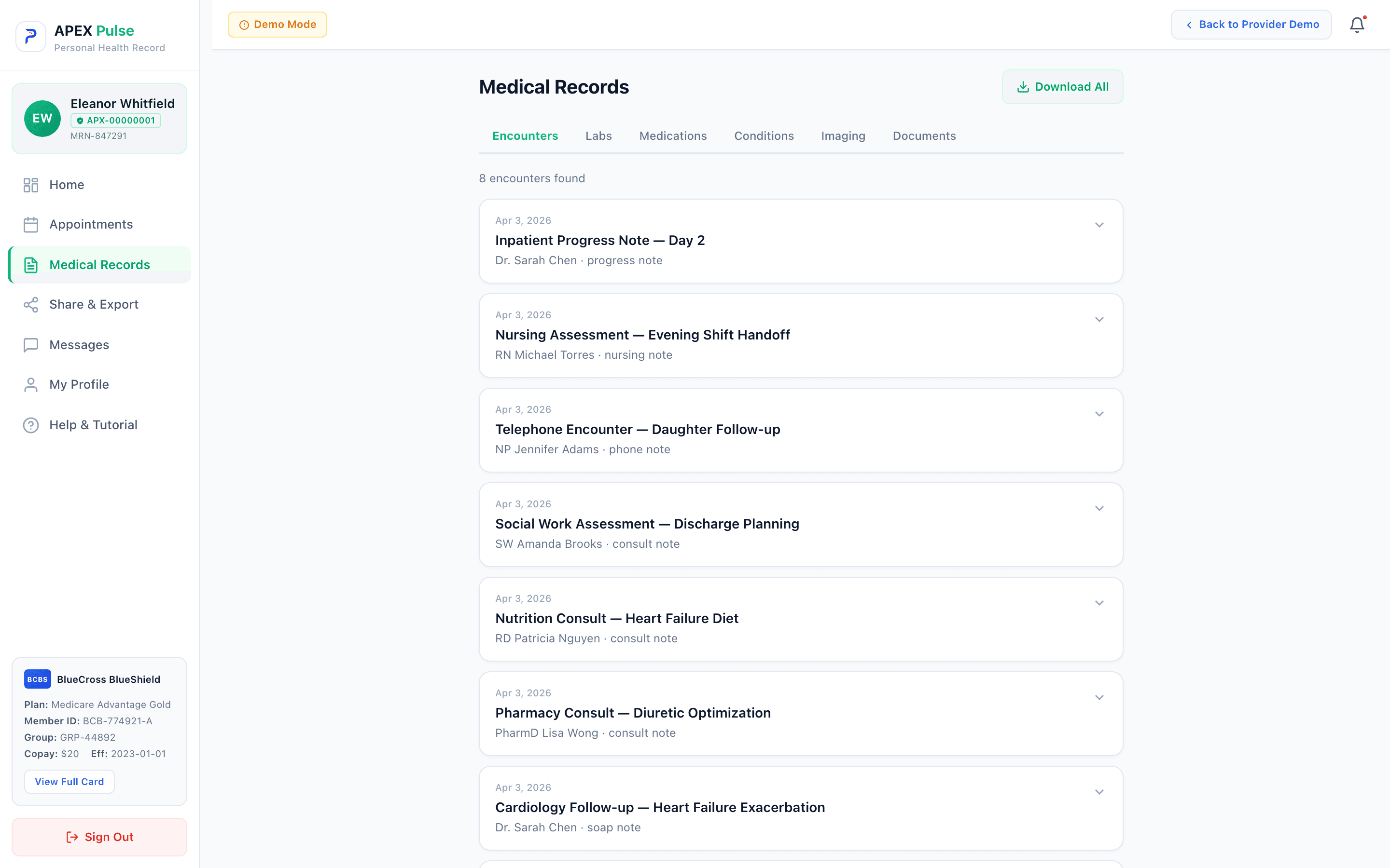 Apex Pulse medical records timeline with encounters from the full care team